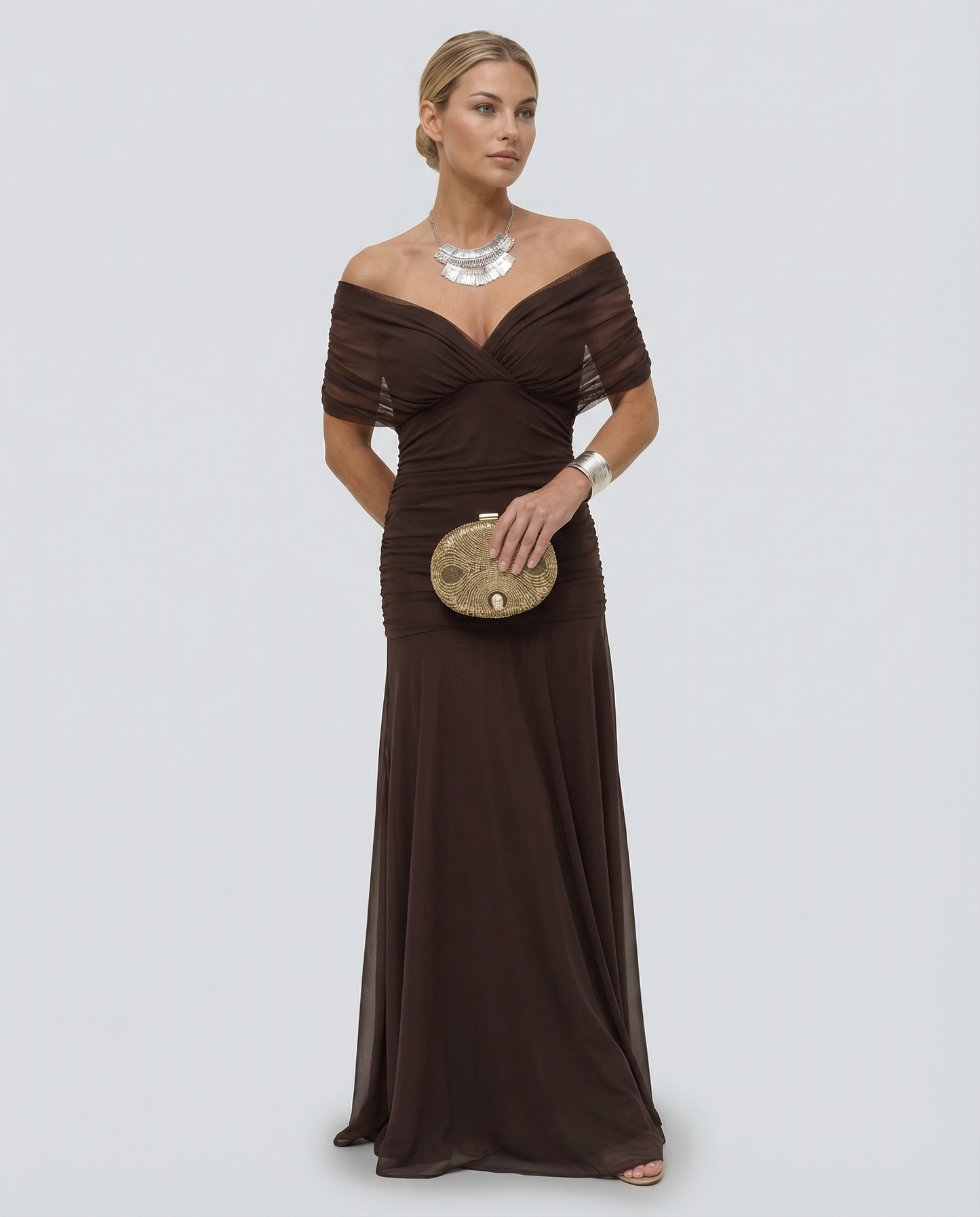 Viviane | Ruched V-Neck Chiffon Maxi Dress