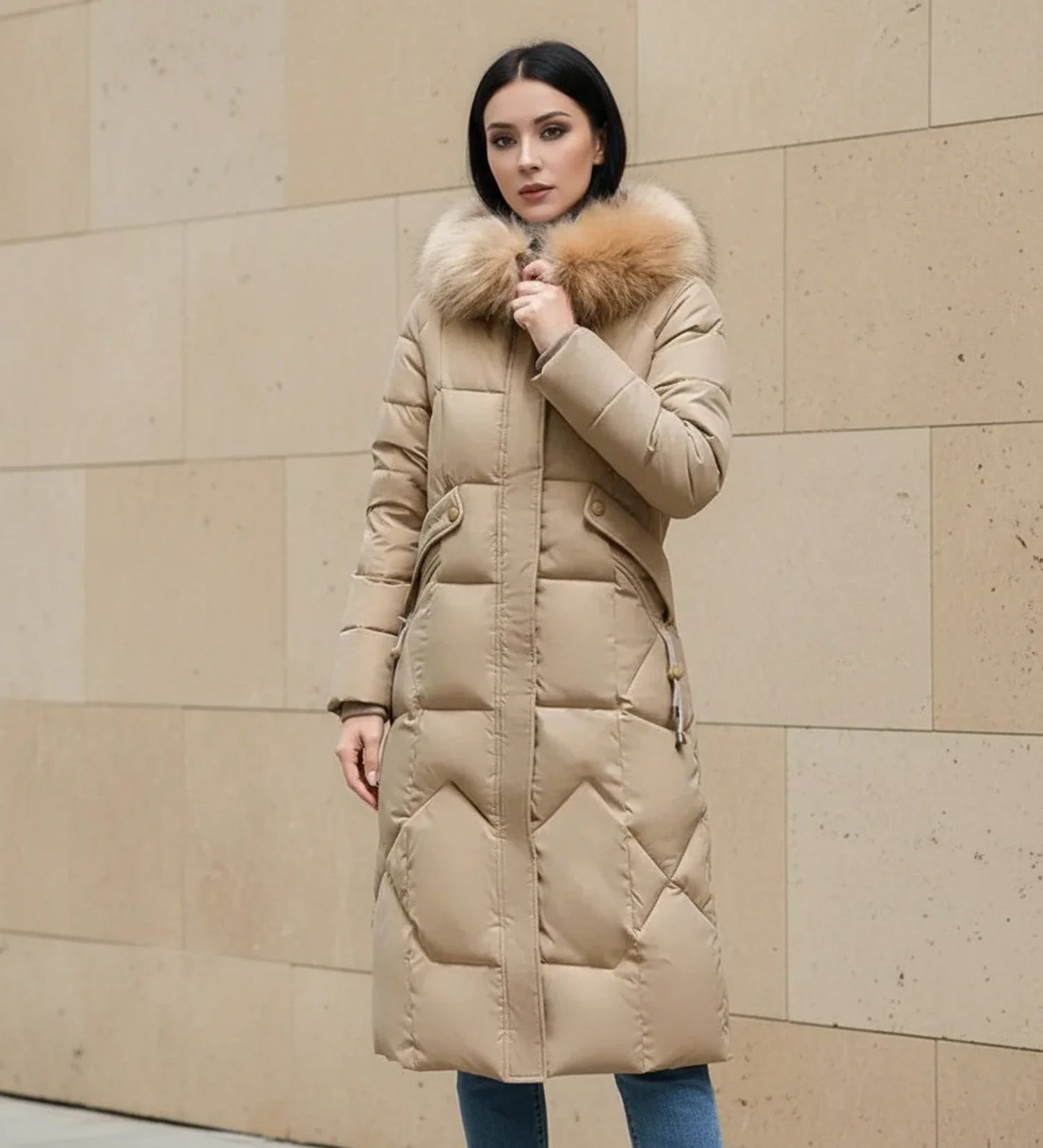 Olympe | Faux Fur Trim Hooded Quilted Longline Jacket
