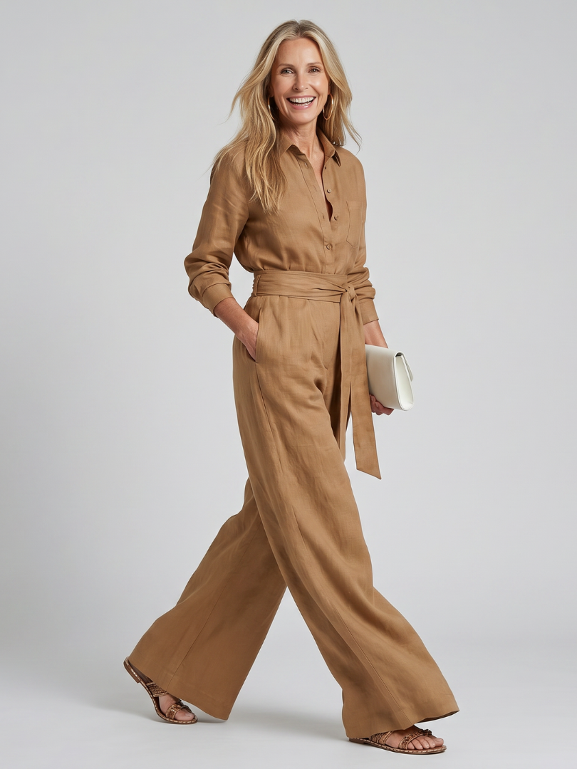 Victorine | Long Sleeve Button-Front Wide-Leg Jumpsuit