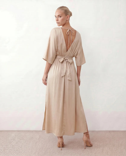 Lucienne | Open-Back Batwing Sleeve V-Neck Maxi Dress