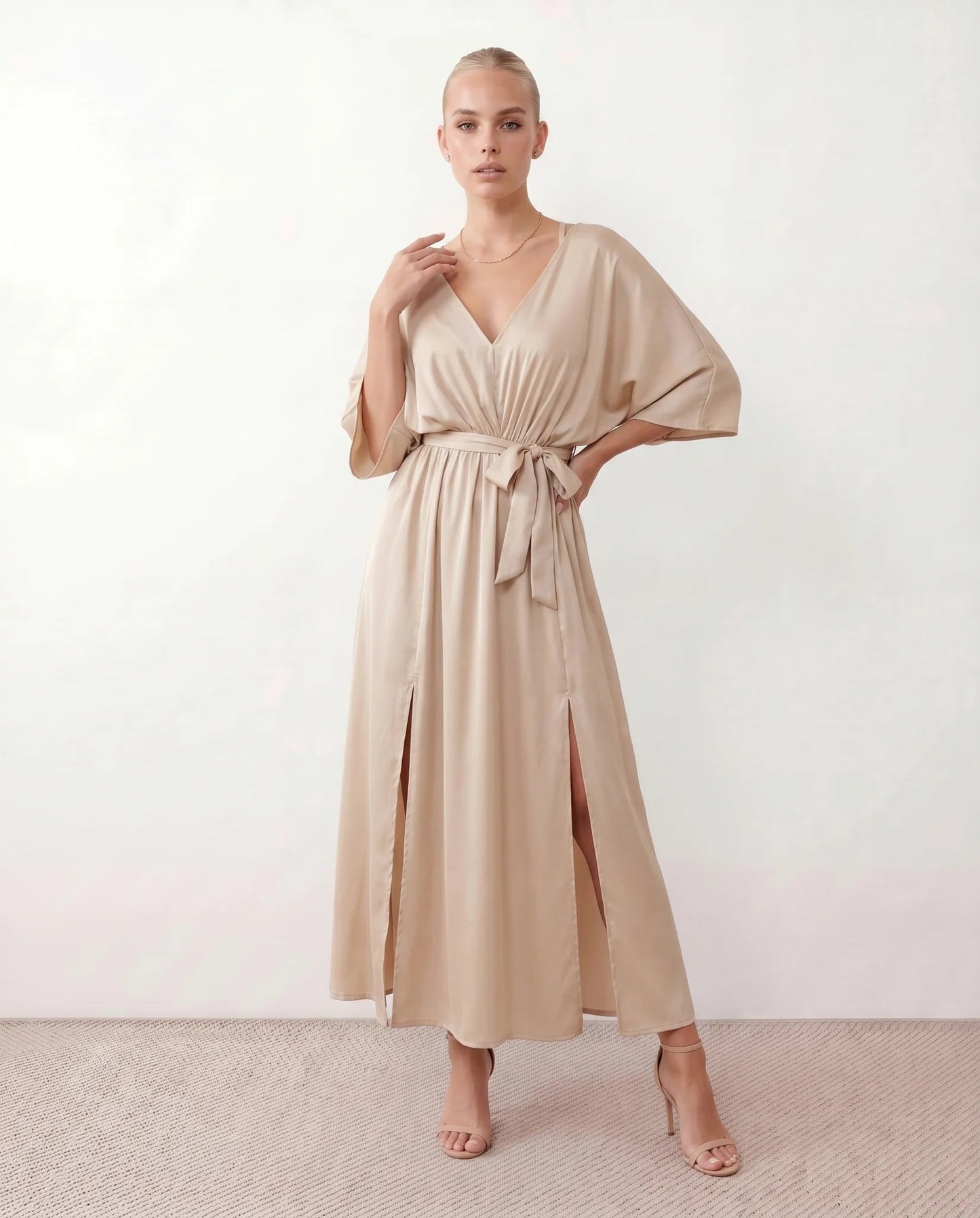 Lucienne | Open-Back Batwing Sleeve V-Neck Maxi Dress