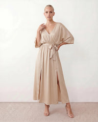 Lucienne | Open-Back Batwing Sleeve V-Neck Maxi Dress