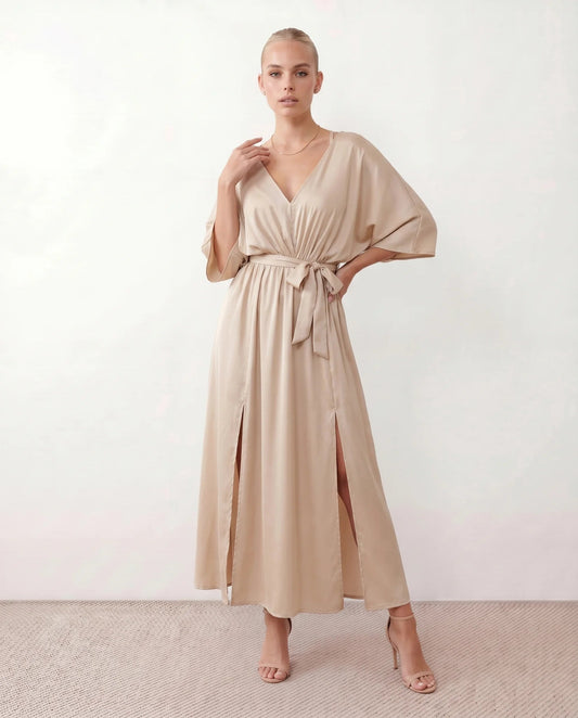 Lucienne | Open-Back Batwing Sleeve V-Neck Maxi Dress