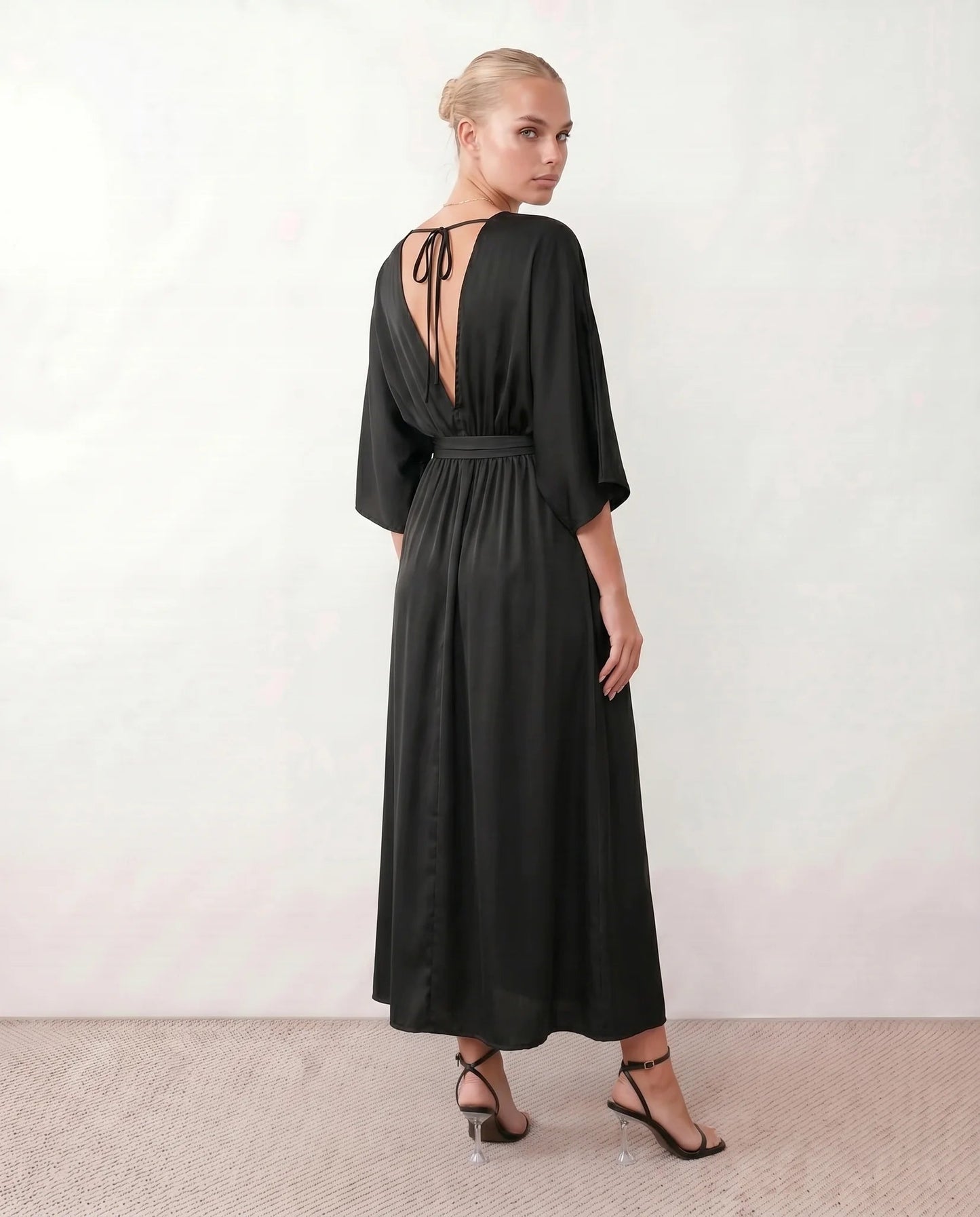 Lucienne | Open-Back Batwing Sleeve V-Neck Maxi Dress
