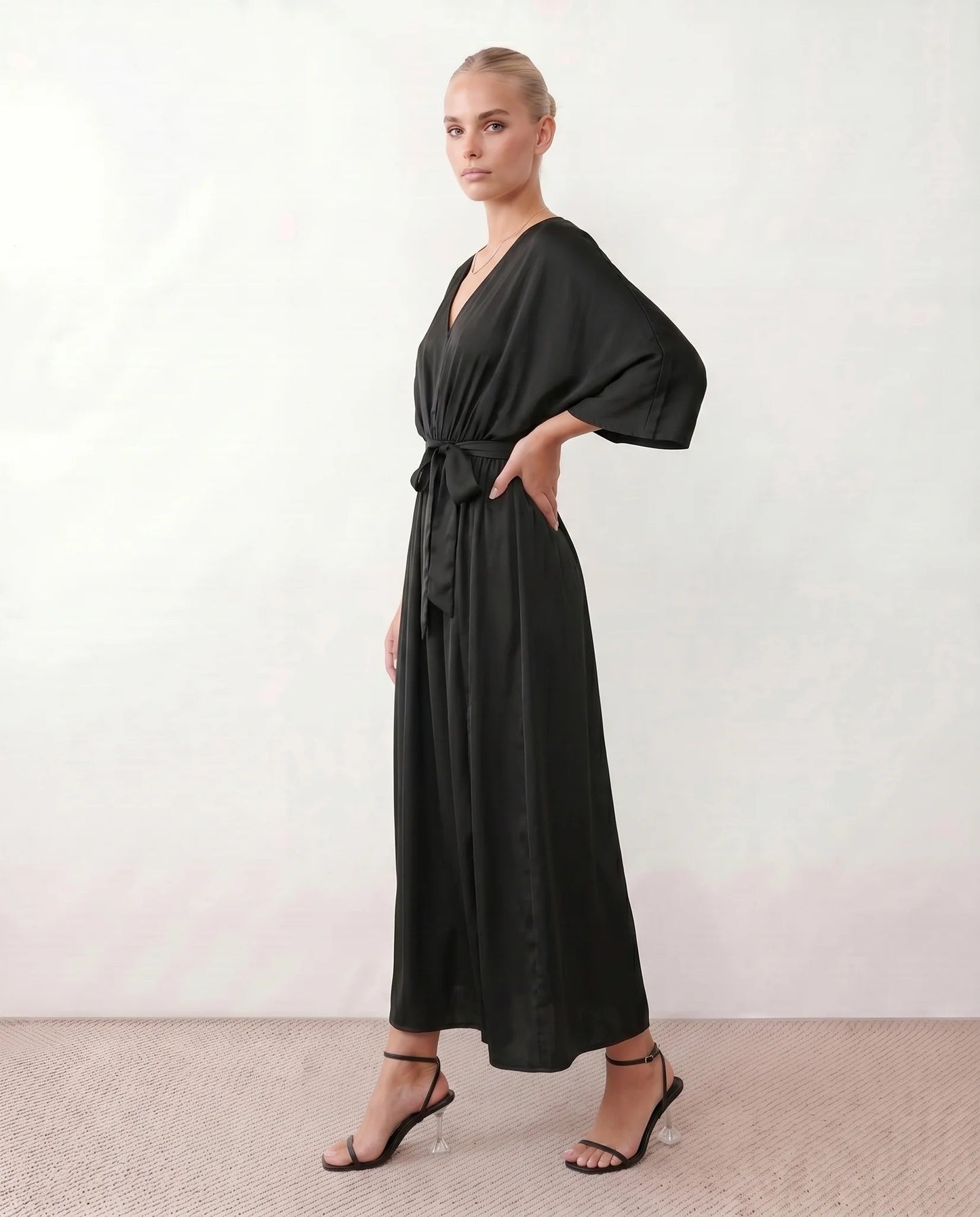 Lucienne | Open-Back Batwing Sleeve V-Neck Maxi Dress