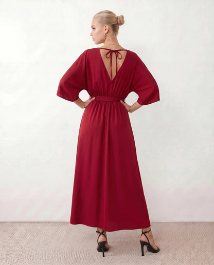 Lucienne | Open-Back Batwing Sleeve V-Neck Maxi Dress