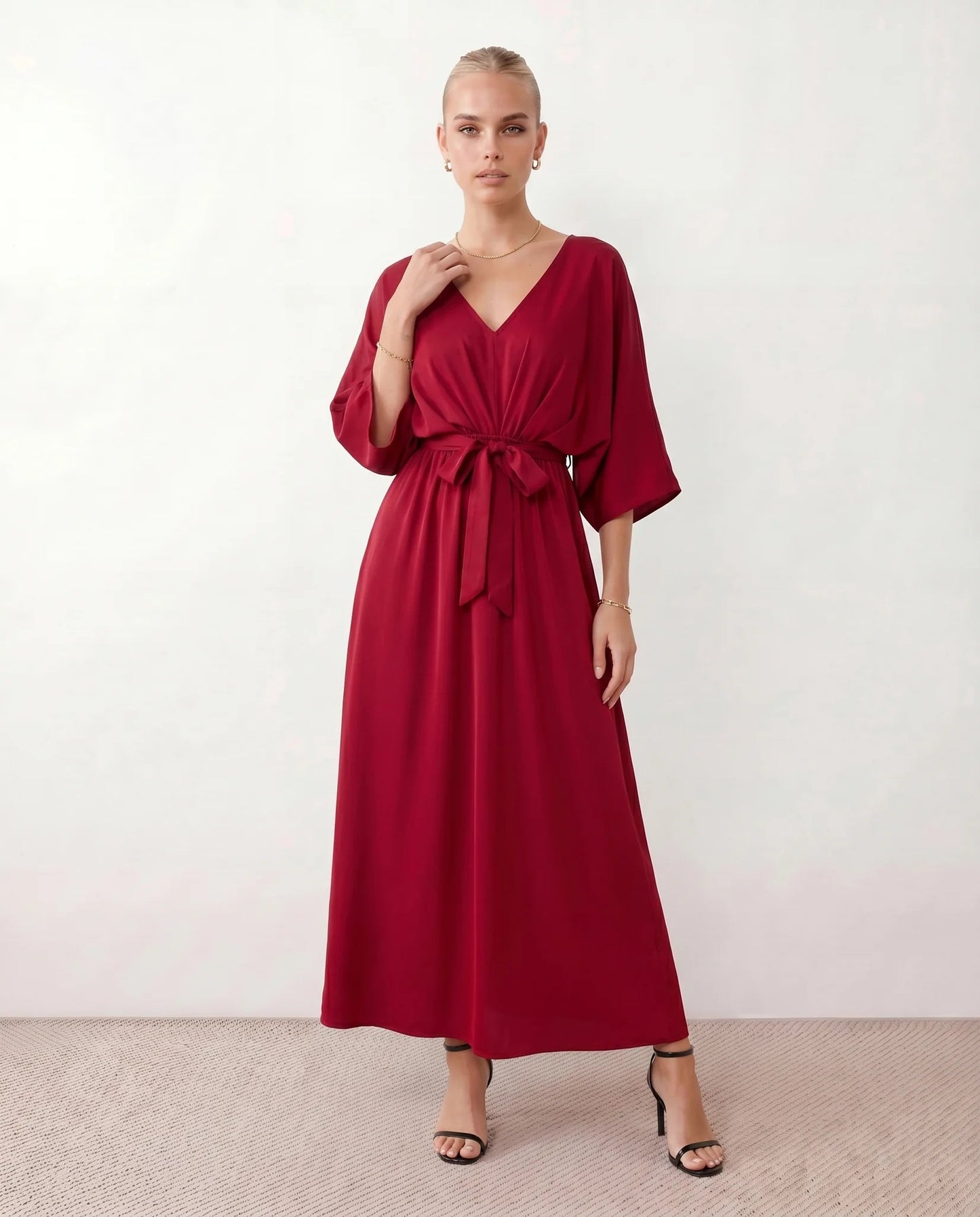 Lucienne | Open-Back Batwing Sleeve V-Neck Maxi Dress
