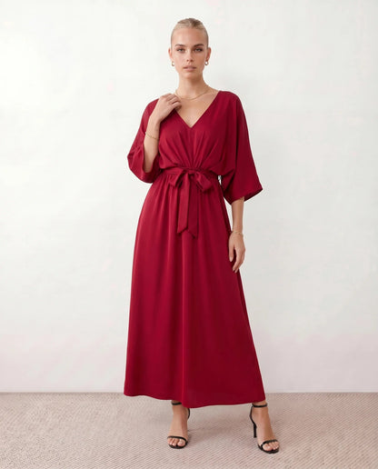 Lucienne | Open-Back Batwing Sleeve V-Neck Maxi Dress