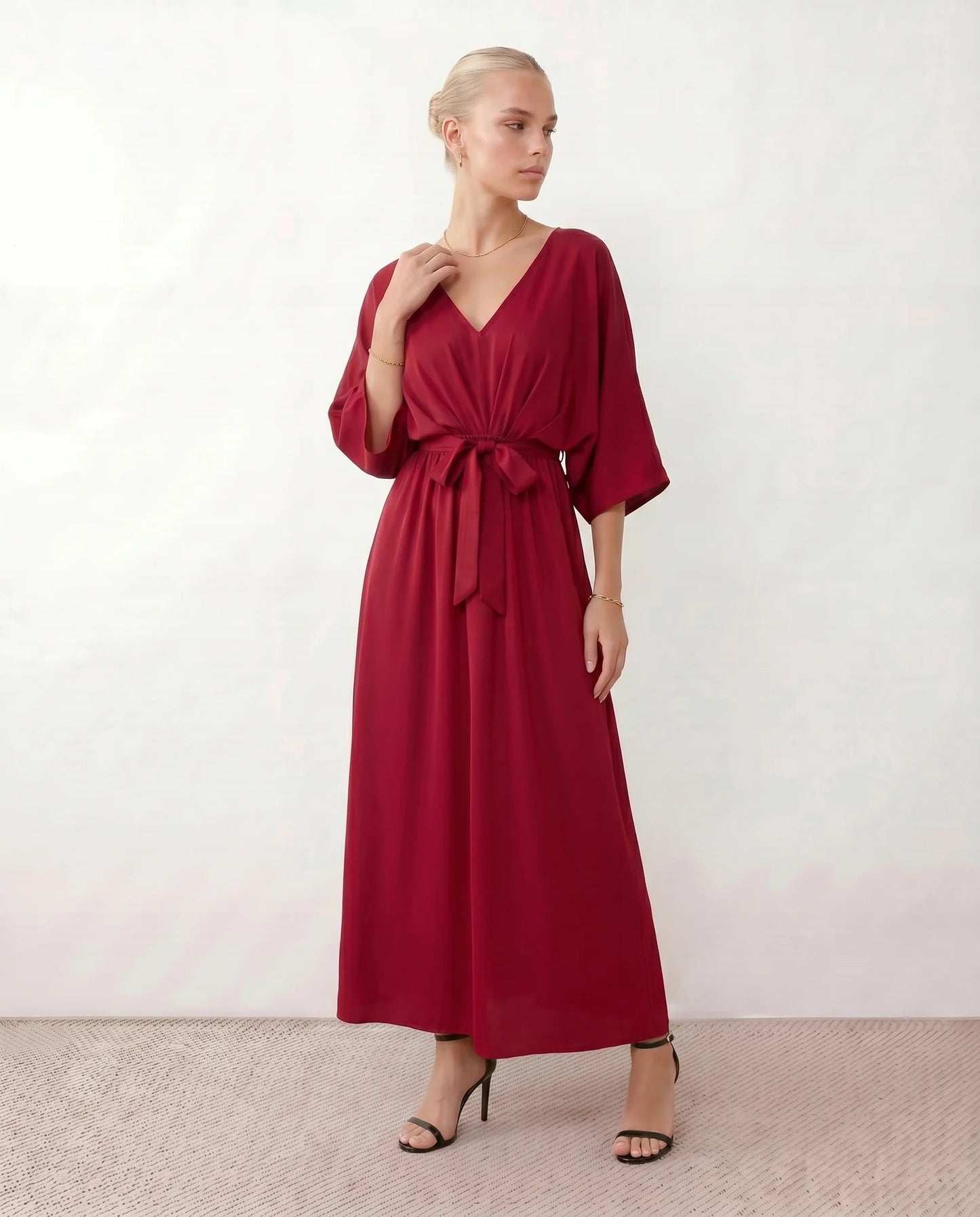 Lucienne | Open-Back Batwing Sleeve V-Neck Maxi Dress