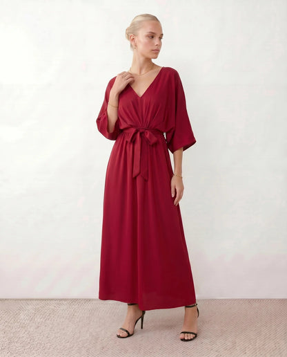 Lucienne | Open-Back Batwing Sleeve V-Neck Maxi Dress
