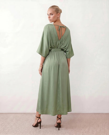 Lucienne | Open-Back Batwing Sleeve V-Neck Maxi Dress