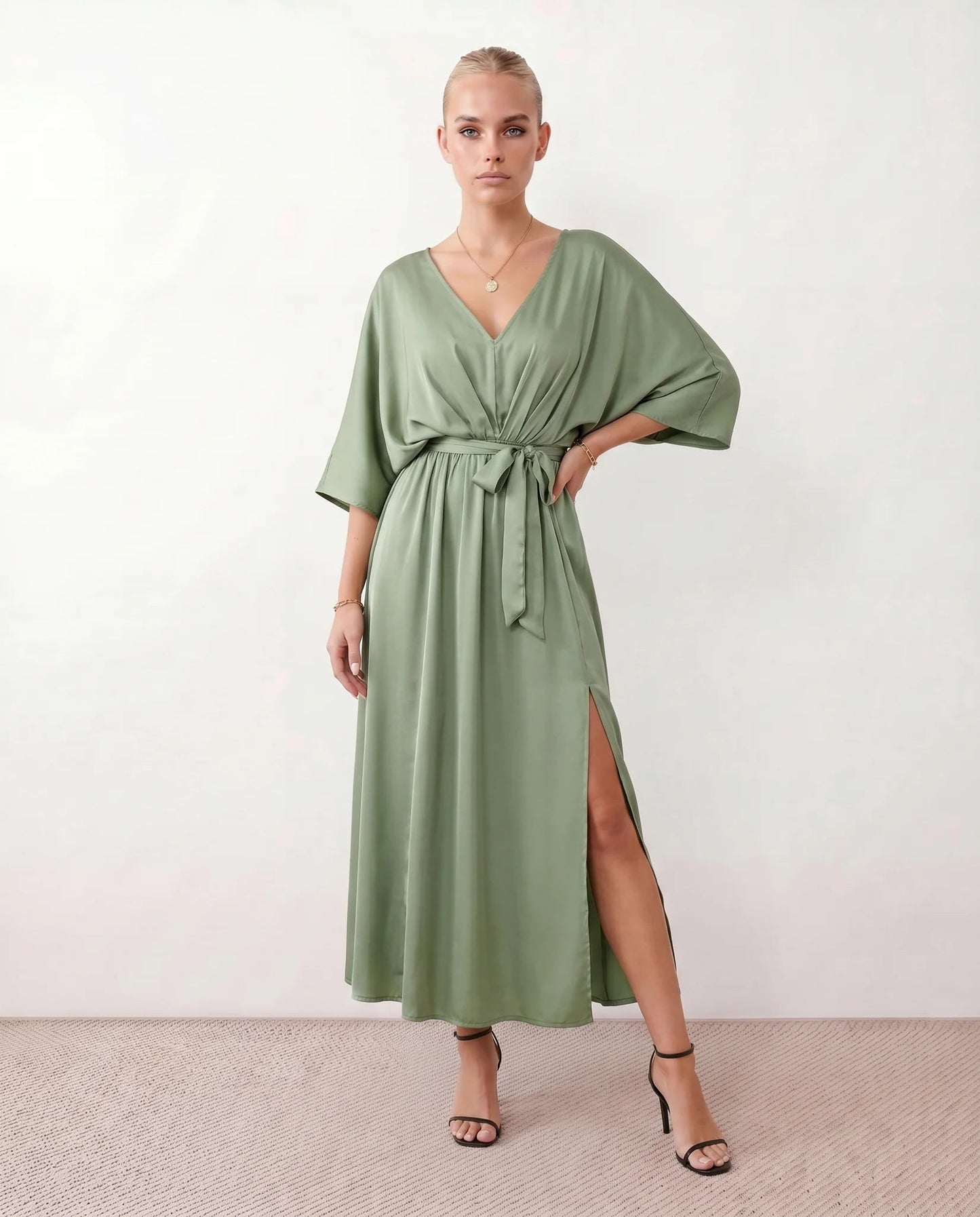 Lucienne | Open-Back Batwing Sleeve V-Neck Maxi Dress