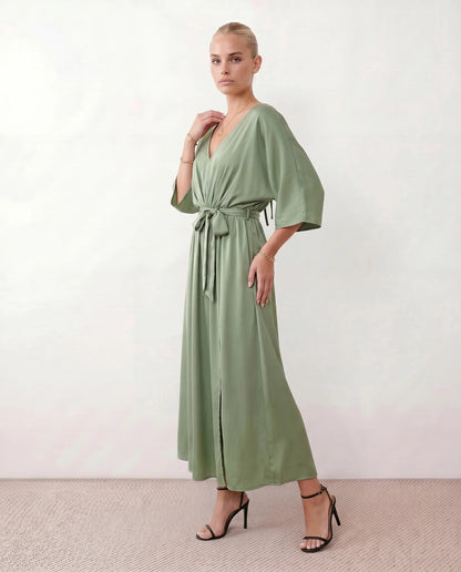 Lucienne | Open-Back Batwing Sleeve V-Neck Maxi Dress