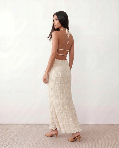 Roxane | Ruffle Tier Halter Neck Open-Back Maxi Dress
