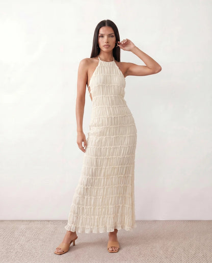Roxane | Ruffle Tier Halter Neck Open-Back Maxi Dress