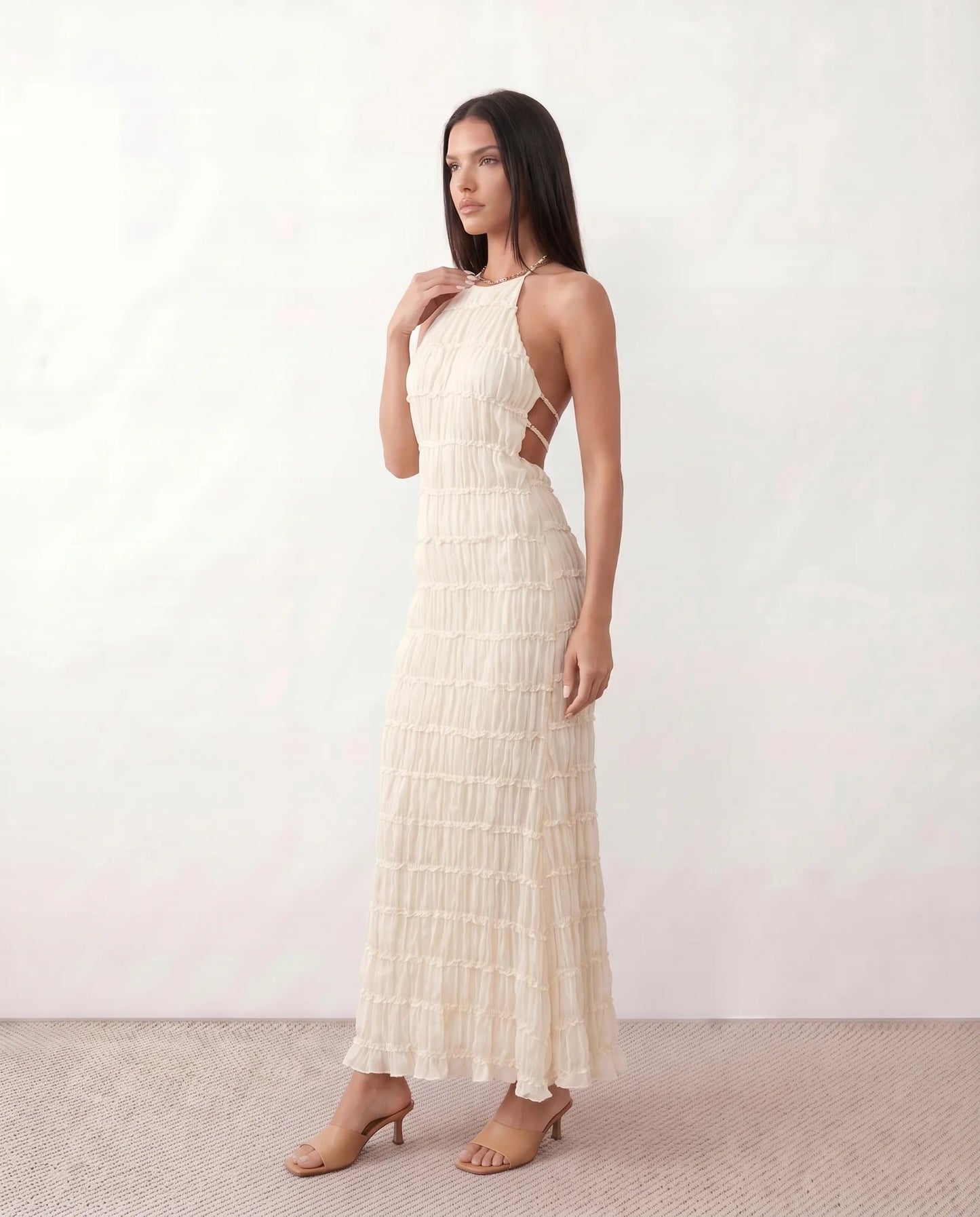 Roxane | Ruffle Tier Halter Neck Open-Back Maxi Dress