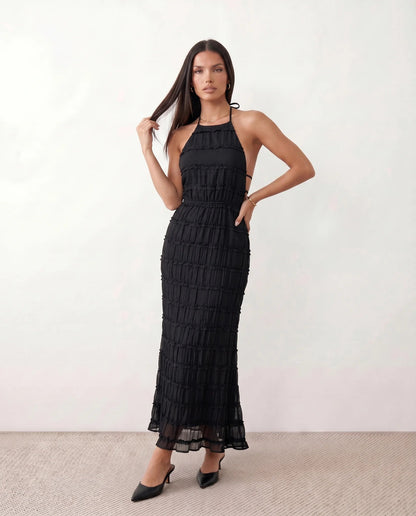 Roxane | Ruffle Tier Halter Neck Open-Back Maxi Dress