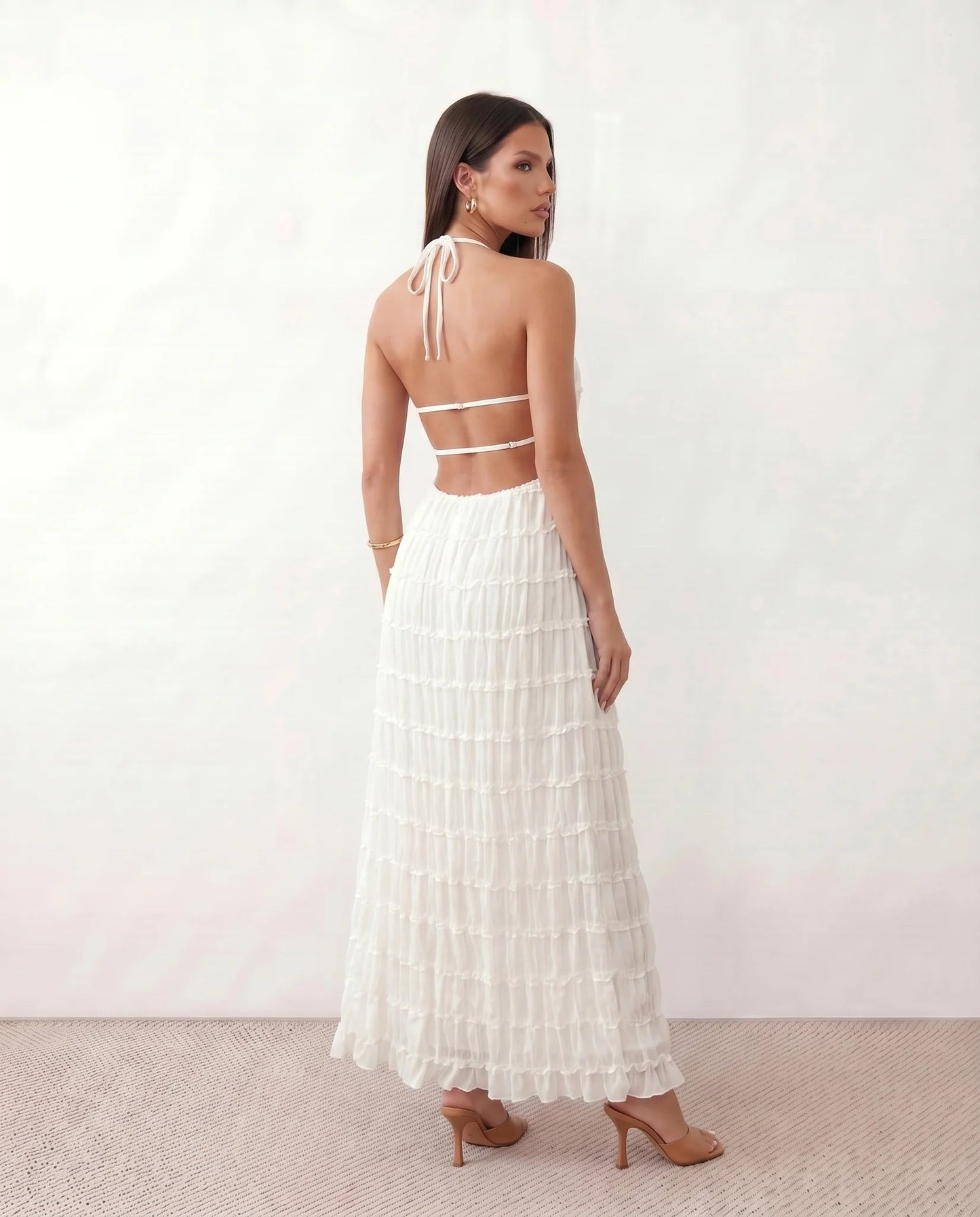 Roxane | Ruffle Tier Halter Neck Open-Back Maxi Dress