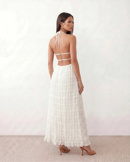 Roxane | Ruffle Tier Halter Neck Open-Back Maxi Dress