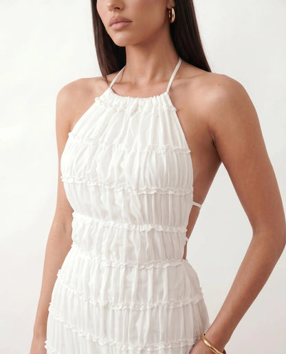 Roxane | Ruffle Tier Halter Neck Open-Back Maxi Dress