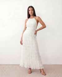 Roxane | Ruffle Tier Halter Neck Open-Back Maxi Dress