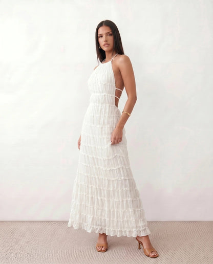 Roxane | Ruffle Tier Halter Neck Open-Back Maxi Dress