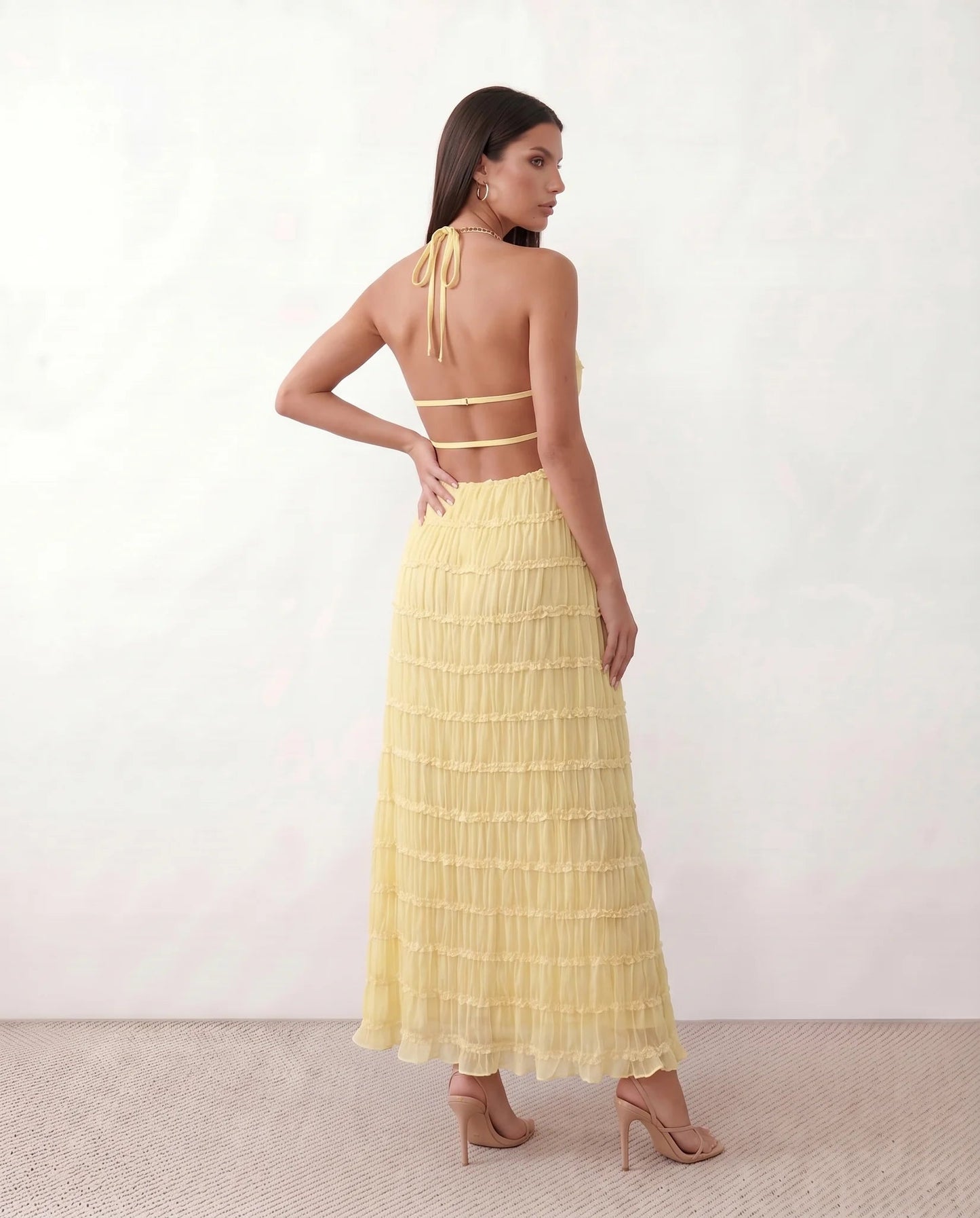 Roxane | Ruffle Tier Halter Neck Open-Back Maxi Dress
