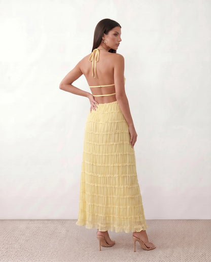 Roxane | Ruffle Tier Halter Neck Open-Back Maxi Dress