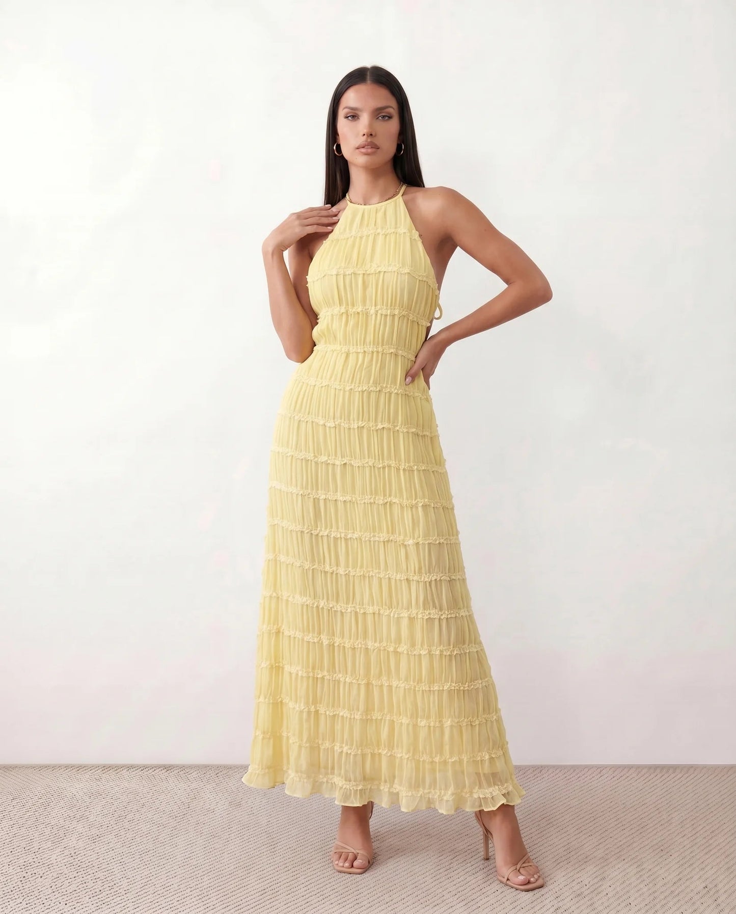 Roxane | Ruffle Tier Halter Neck Open-Back Maxi Dress