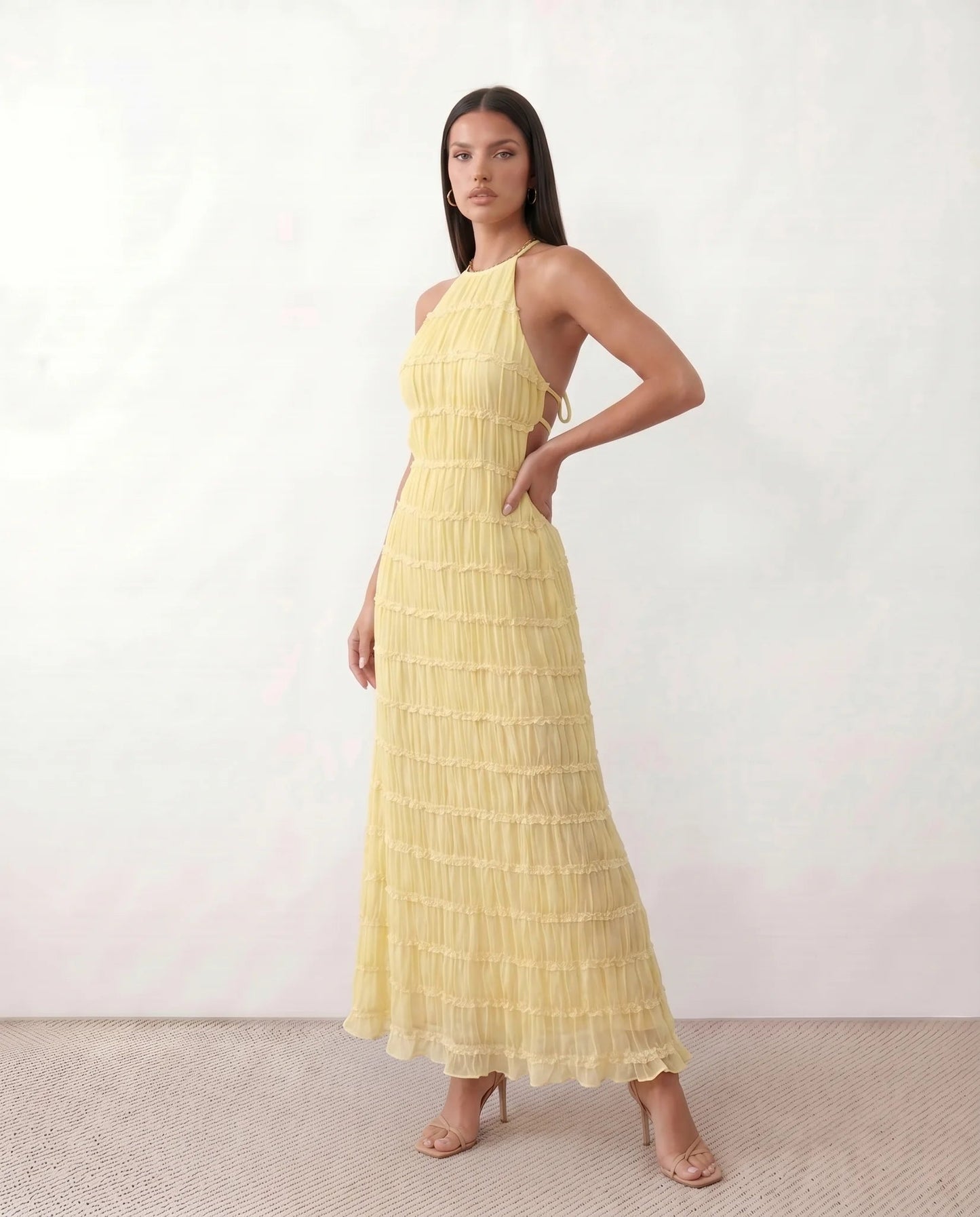 Roxane | Ruffle Tier Halter Neck Open-Back Maxi Dress