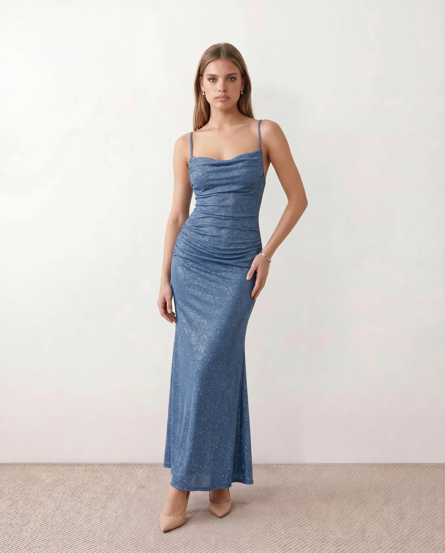 Bernadette | Women's Metallic Cowl Neck Maxi Dress