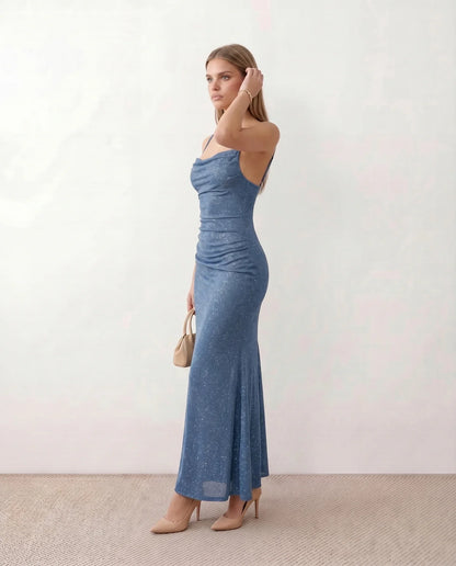 Bernadette | Women's Metallic Cowl Neck Maxi Dress