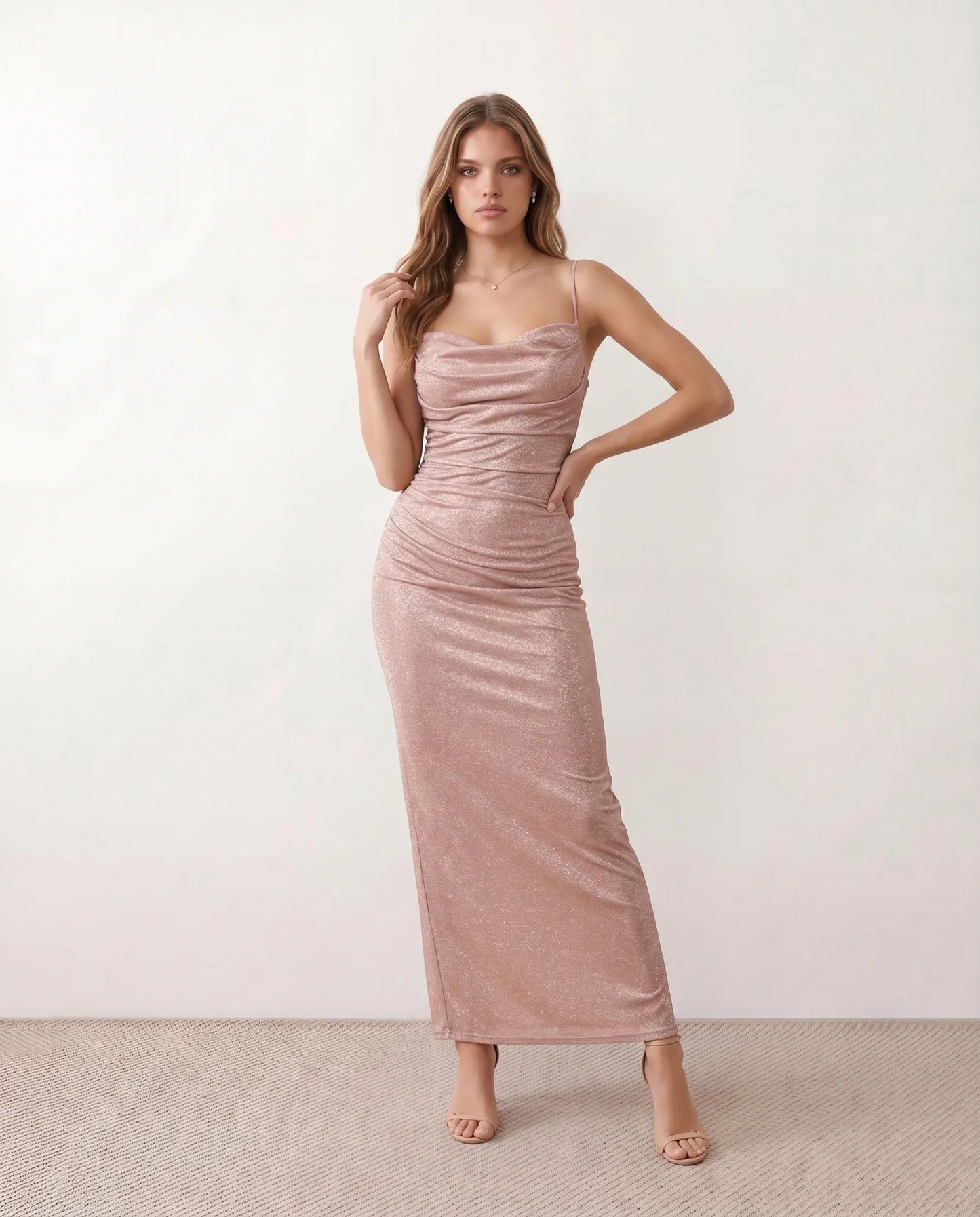 Bernadette | Women's Metallic Cowl Neck Maxi Dress