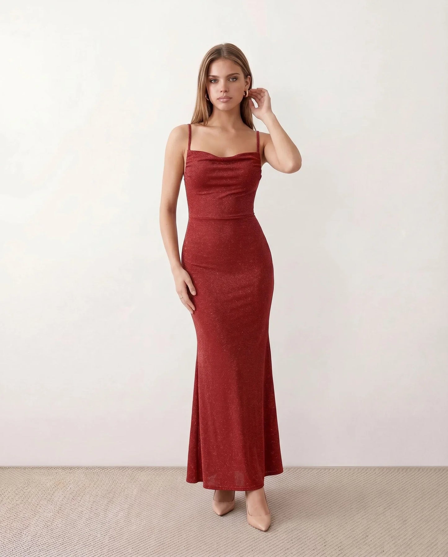 Bernadette | Women's Metallic Cowl Neck Maxi Dress