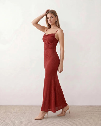 Bernadette | Women's Metallic Cowl Neck Maxi Dress
