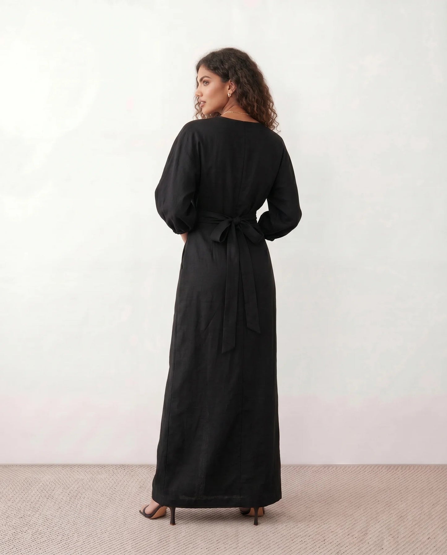 Romane | Wrap V-Neck Voluminous Sleeve Tie-Back Maxi Dress