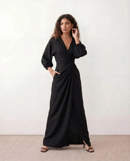 Romane | Wrap V-Neck Voluminous Sleeve Tie-Back Maxi Dress