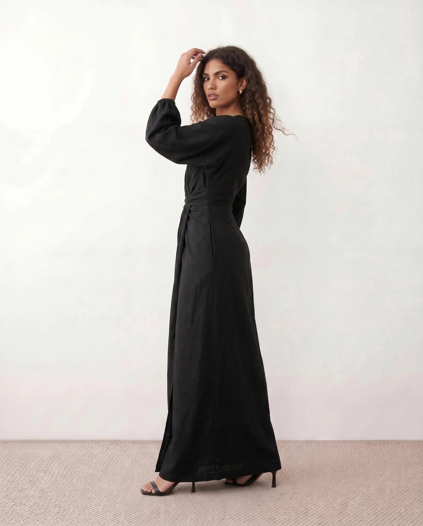 Romane | Wrap V-Neck Voluminous Sleeve Tie-Back Maxi Dress