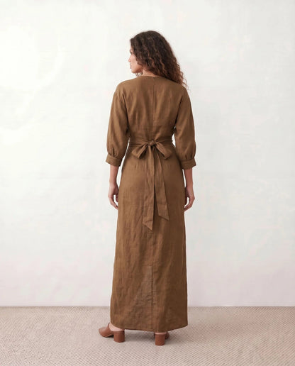 Romane | Wrap V-Neck Voluminous Sleeve Tie-Back Maxi Dress