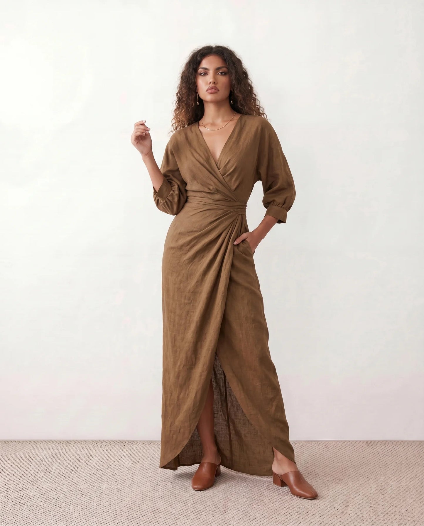 Romane | Wrap V-Neck Voluminous Sleeve Tie-Back Maxi Dress