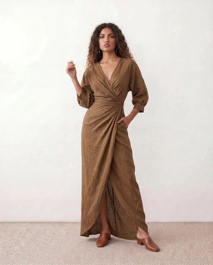Romane | Wrap V-Neck Voluminous Sleeve Tie-Back Maxi Dress