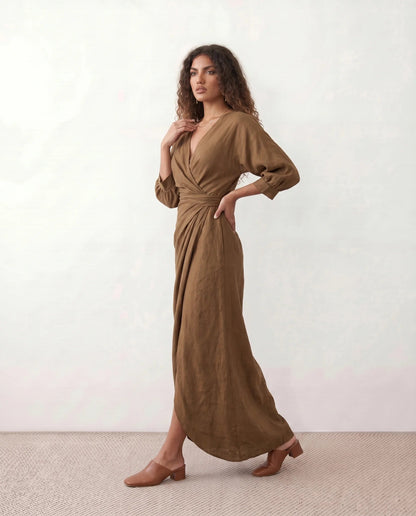 Romane | Wrap V-Neck Voluminous Sleeve Tie-Back Maxi Dress