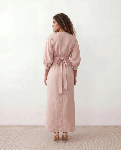 Romane | Wrap V-Neck Voluminous Sleeve Tie-Back Maxi Dress