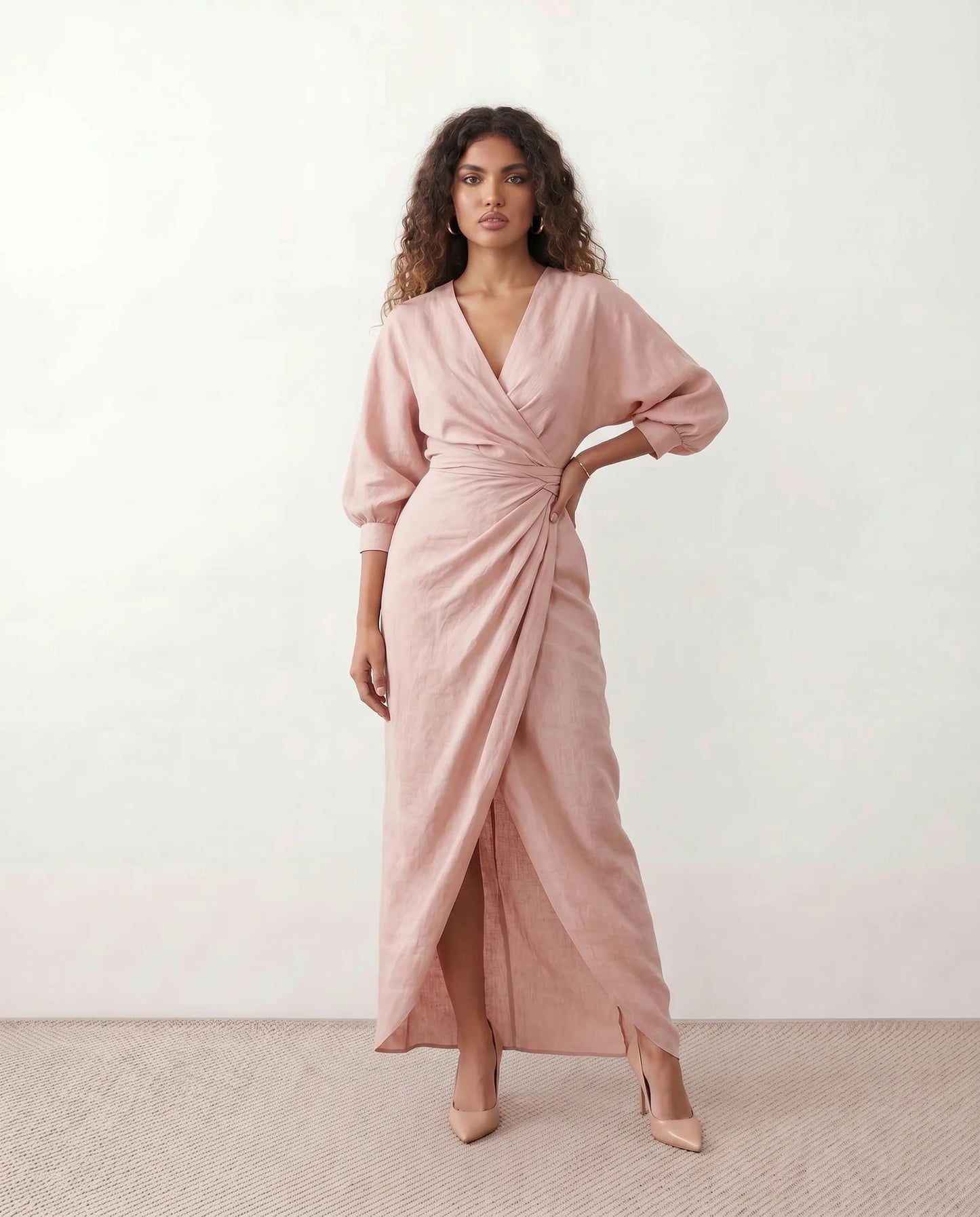 Romane | Wrap V-Neck Voluminous Sleeve Tie-Back Maxi Dress