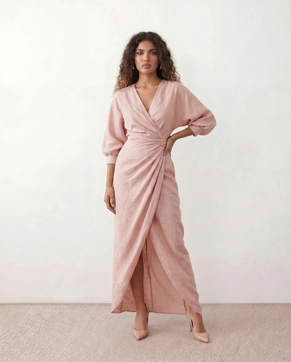 Romane | Wrap V-Neck Voluminous Sleeve Tie-Back Maxi Dress