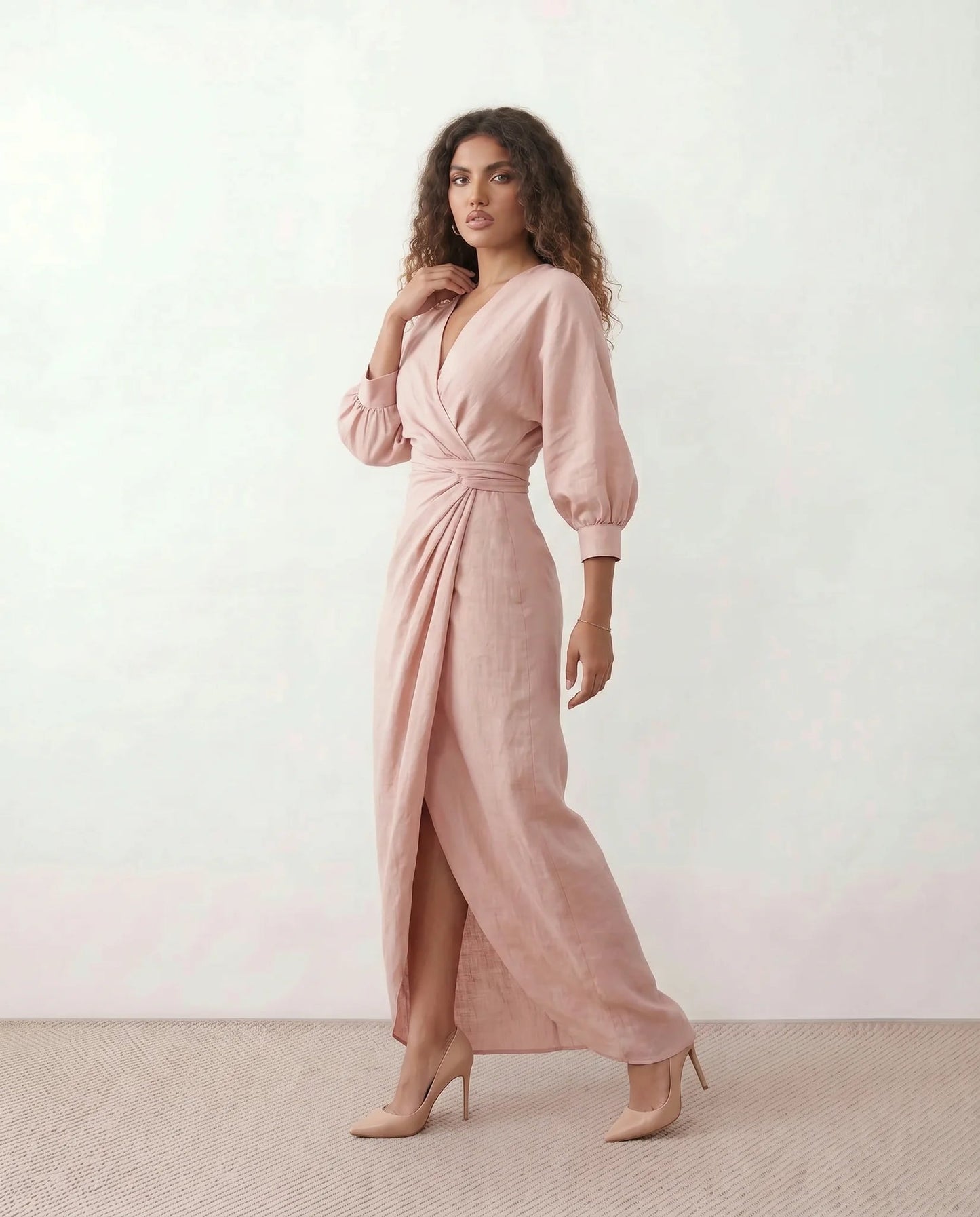 Romane | Wrap V-Neck Voluminous Sleeve Tie-Back Maxi Dress