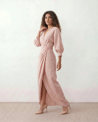 Romane | Wrap V-Neck Voluminous Sleeve Tie-Back Maxi Dress