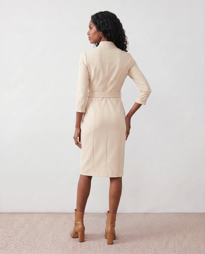 Victoire | Belted V-Neck Pencil Knee Dress