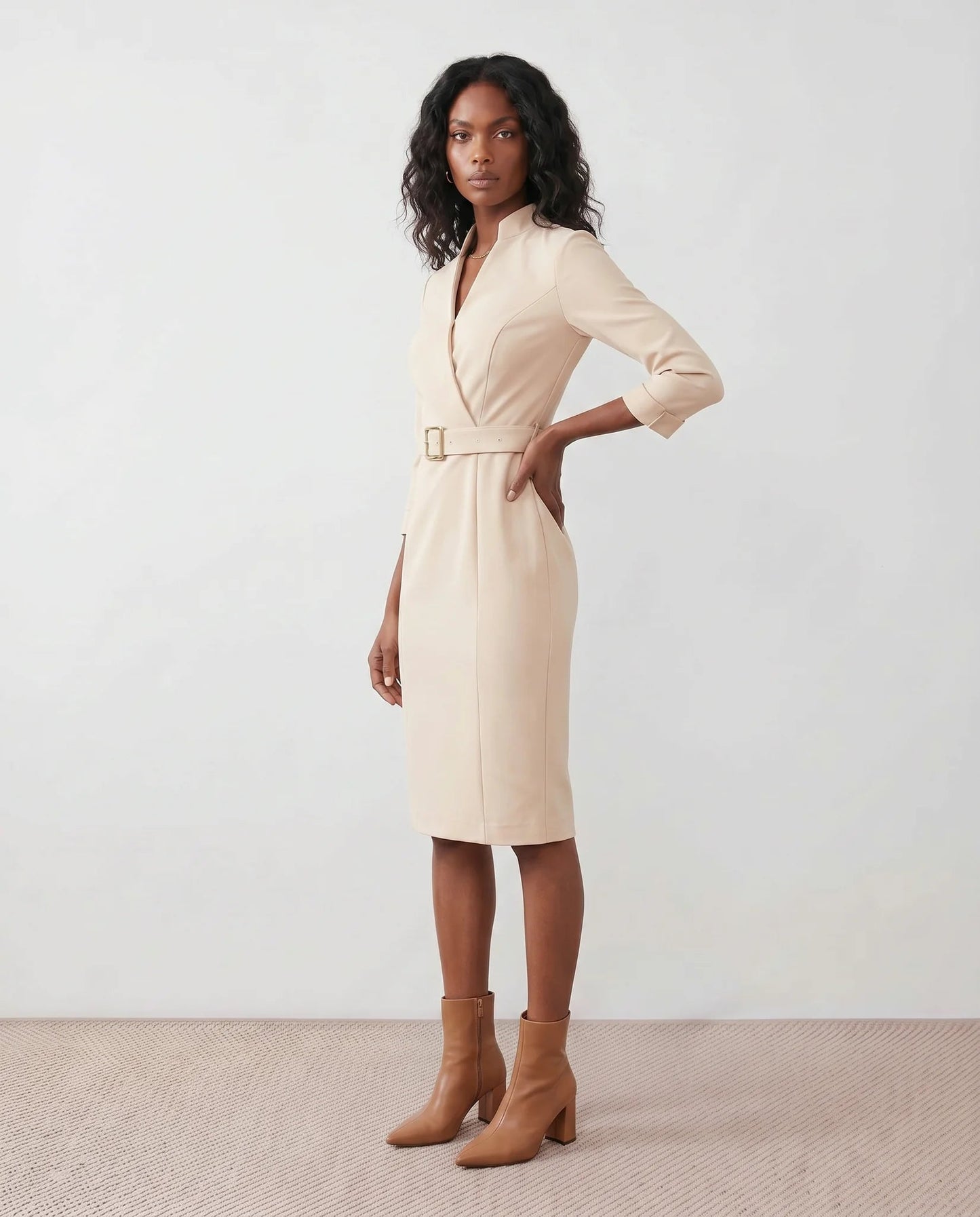 Victoire | Belted V-Neck Pencil Knee Dress