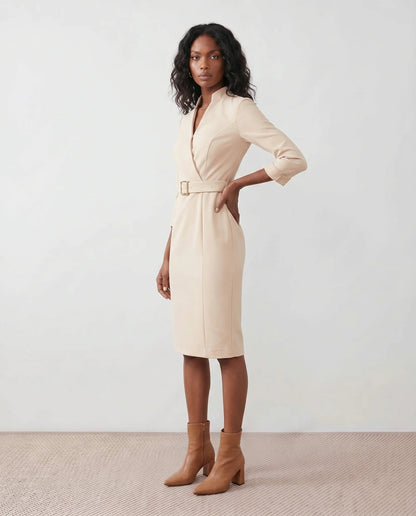 Victoire | Belted V-Neck Pencil Knee Dress